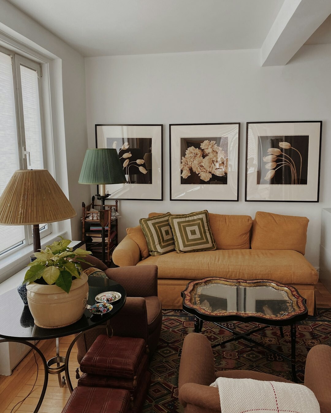 Retro 1980s living room with bold patterned furniture and brass lamps